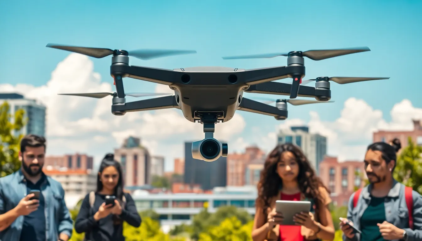phantom drone flying over a city with people observing.