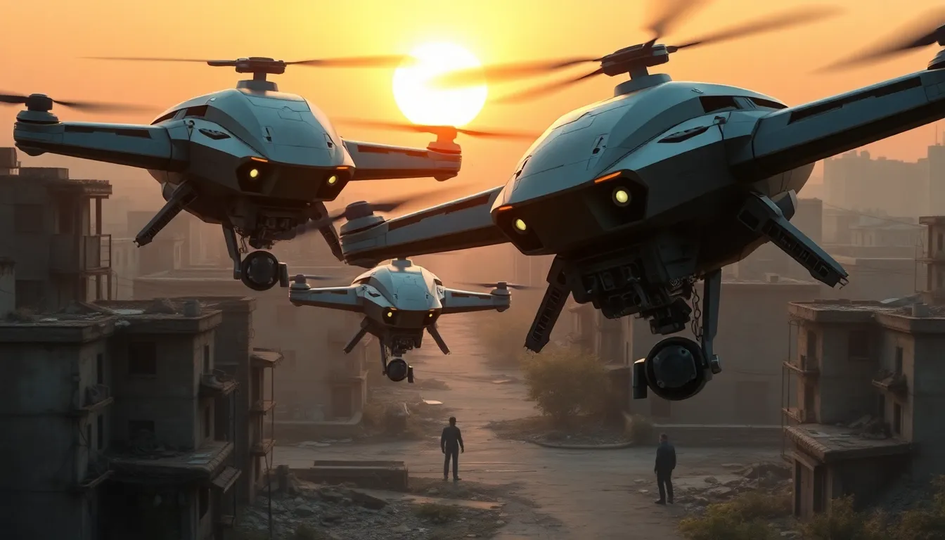 dystopian scene featuring expressive drones in a decaying urban landscape.