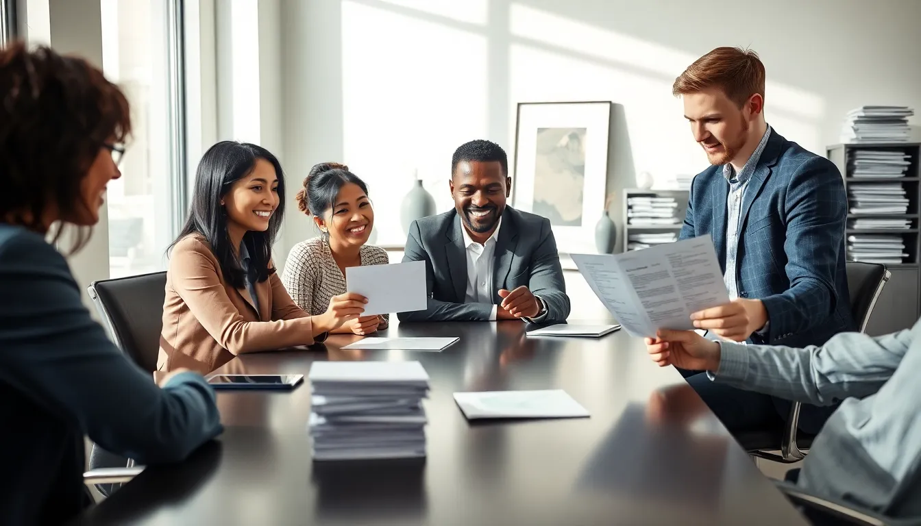 team discussing mail address clarity using 'c/o' in a modern office.